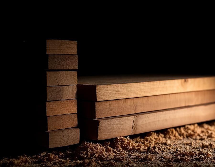 Raw cedar lumber stacked in the shop