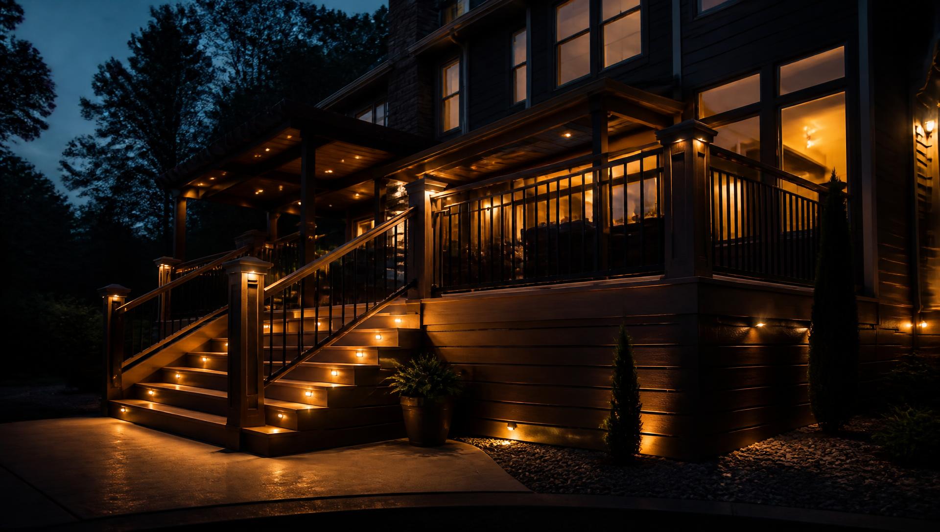 Custom deck at dusk with warm lighting on the stairs and railings